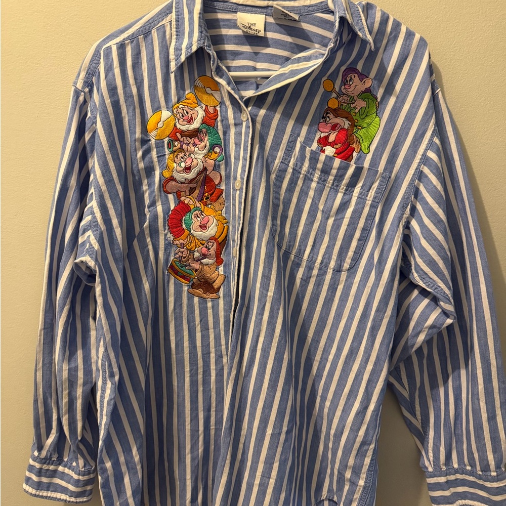 Vintage Disney Stripped Button Shirt w/Seven Dwarves Embroidery Mens Large